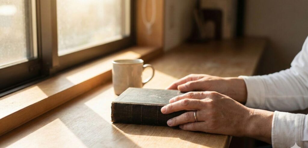 朝の光の中で本を閉じる手