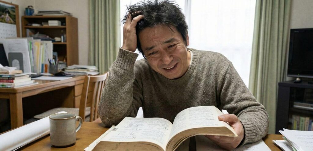難しい本に手こずる男性