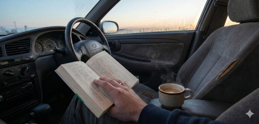 早朝の車内で本を読む手元