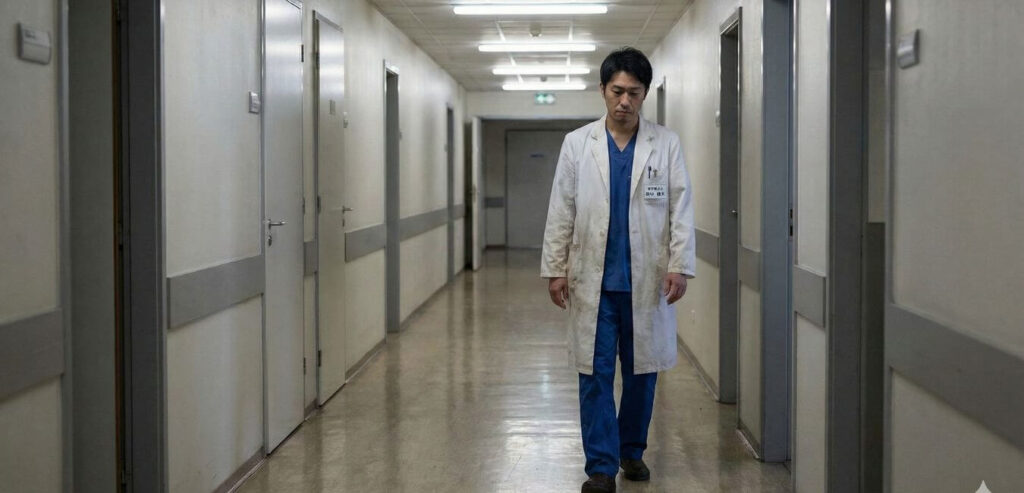 病院廊下を一人歩く理学療法士