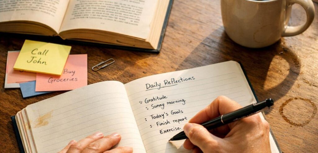 日常の中で考えを整理している様子。読書で学んだことを臨床に活かすために記録する理学療法士の手元。