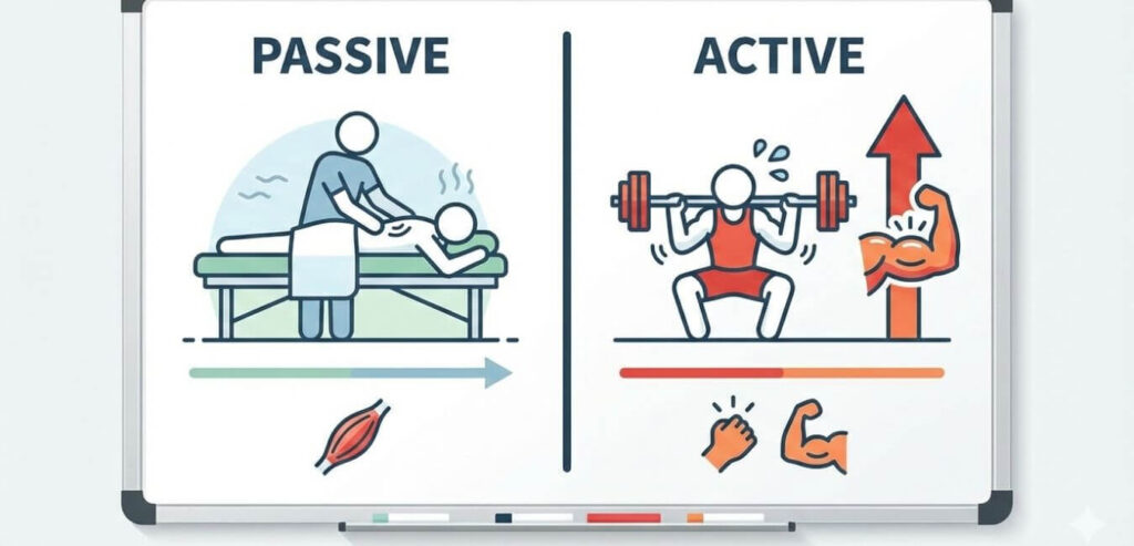 マッサージと筋トレの違いを示した能動と受動の比較図