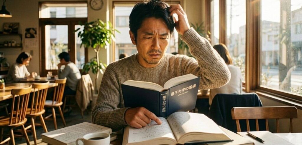難しい本を読んで挫折する40代男性、読書初心者が陥る罠のイメージ