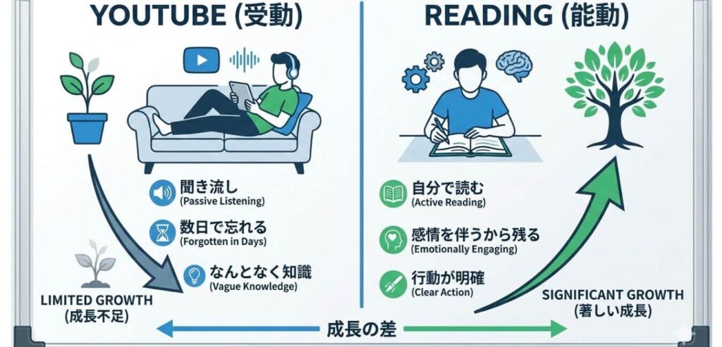 YouTube受動的学習と読書能動的学習の比較図、理解・記憶・行動の違い