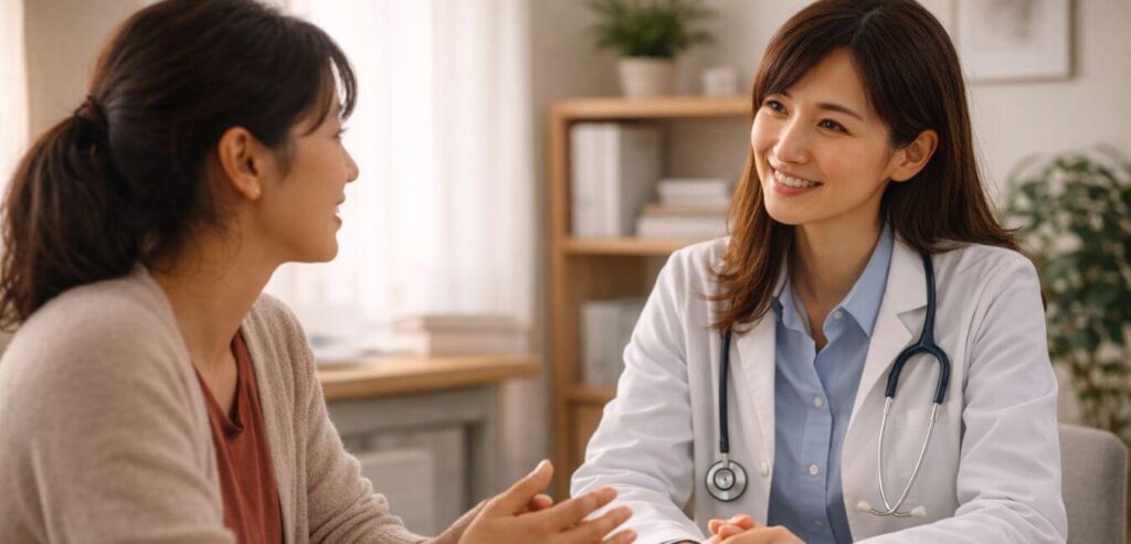 相手の話に耳を傾け、気持ちを受け取るコミュニケーション。共感力を持って患者と向き合う医療者のイメージ。