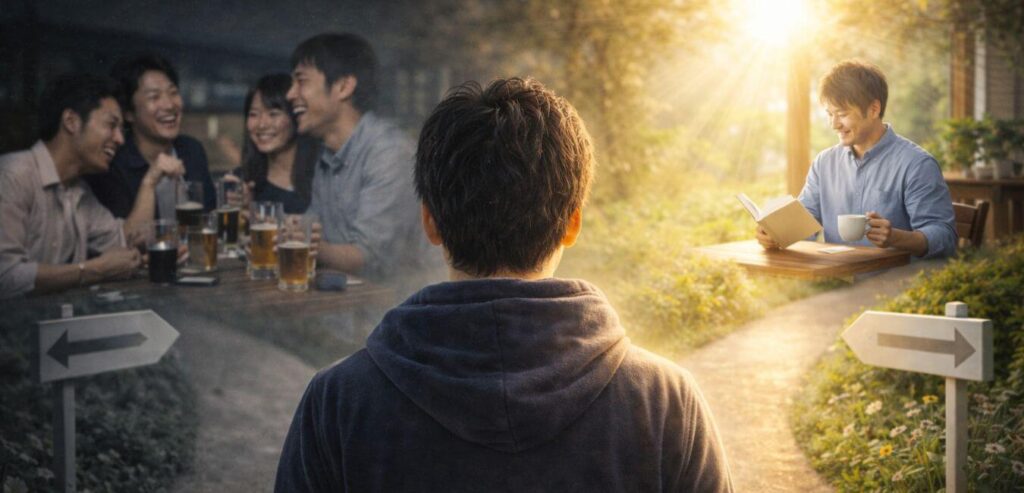 人生の分岐点：2つの道が分かれている。
左は遊び・愚痴・停滞。右は読書・成長・未来。
40代からの「選択」は、何かを手放すことでもある。
その決断が人生を変える瞬間を表現。