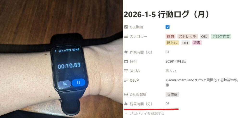 ストップウォッチと手帳で読書時間を記録する様子、習慣化の技術