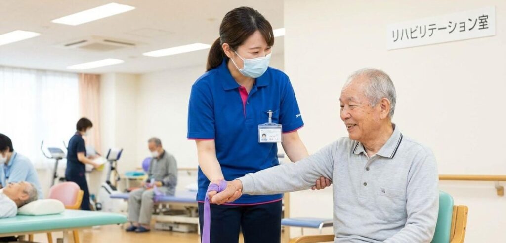 リハビリ現場での患者さんの努力：
患者さん自身が力を入れて、医療職のサポートのもと動いている様子。
受動的ではなく、能動的に身体を動かすことで筋肉が育つ。
脳の成長も同じ原理を表現している。