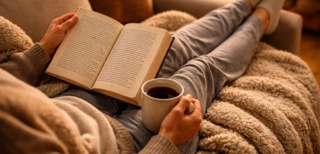 無理をせず読書を生活に取り入れている様子。リラックスした時間に本を読む理学療法士のイメージ。