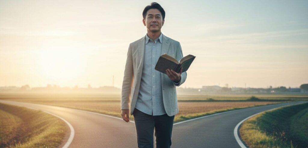 能動的に自分の道を選んで進む40代男性、近道はない