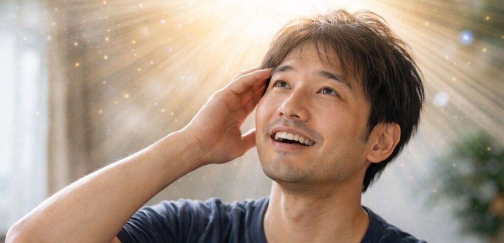 バイアスに気づく瞬間：相手と自分の違いを理解し、
怒りが消える様子。思考がクリアになるイメージ。
頭上に光が差す、またはモヤがかかった状態から
クリアになる変化を表現。