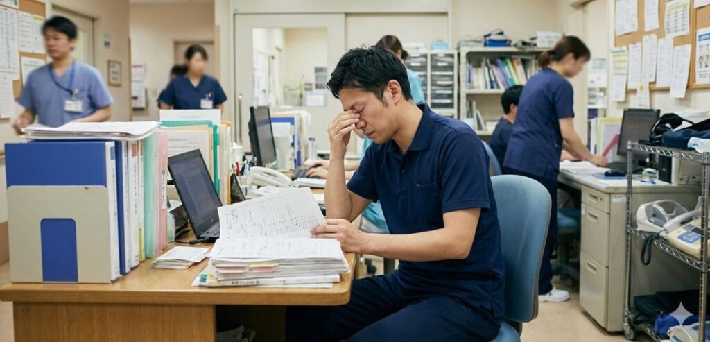 カルテを見て疲れた表情の理学療法士