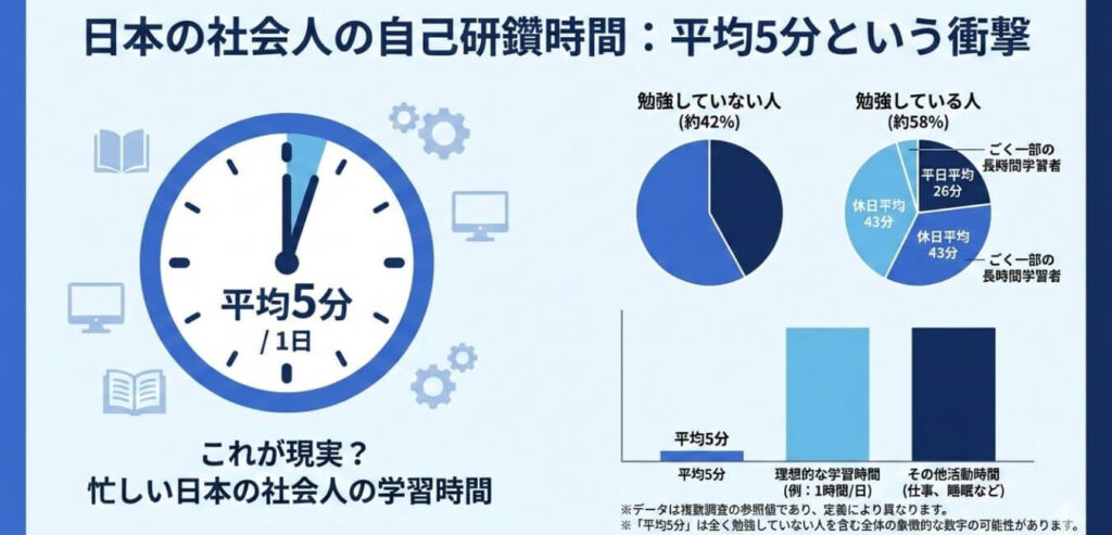 日本の社会人の自己研鑽時間は平均5分という統計を示すグラフ。読書習慣のハードルの低さを表す。