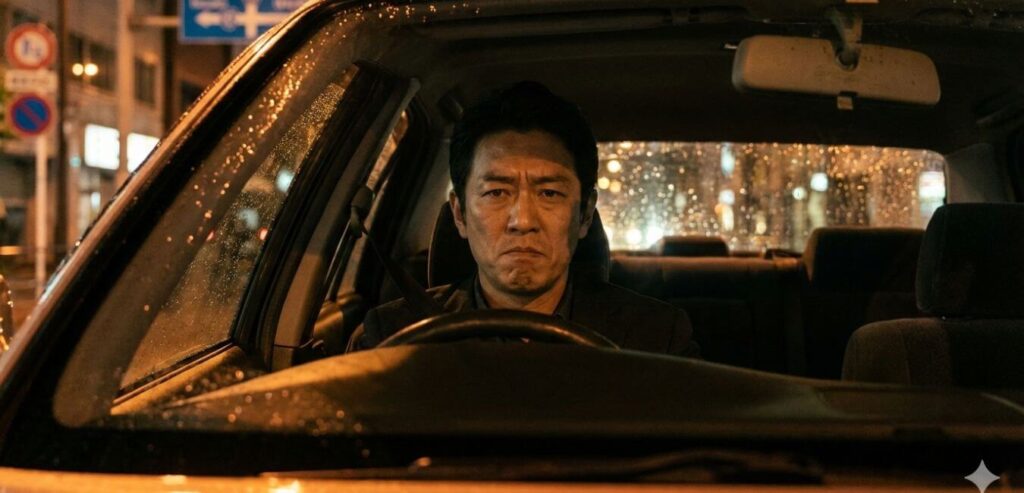 仕事帰りの車で考え込む男性