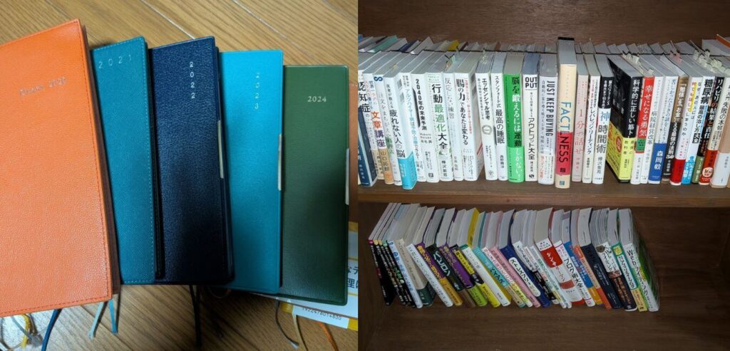 5年間の読書習慣で積み上がった本。小さな継続が生む大きな変化を象徴する画像。40代からの自己投資。