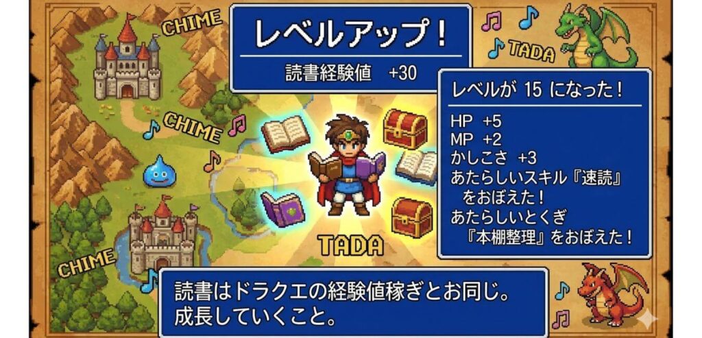 読書時間を経験値に見立てたRPGゲーム風のイメージ。習慣化をゲーム感覚で楽しむ方法。