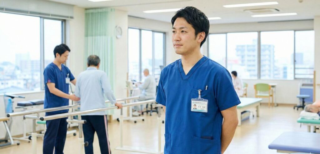 リハビリ室で同僚を見ている理学療法士