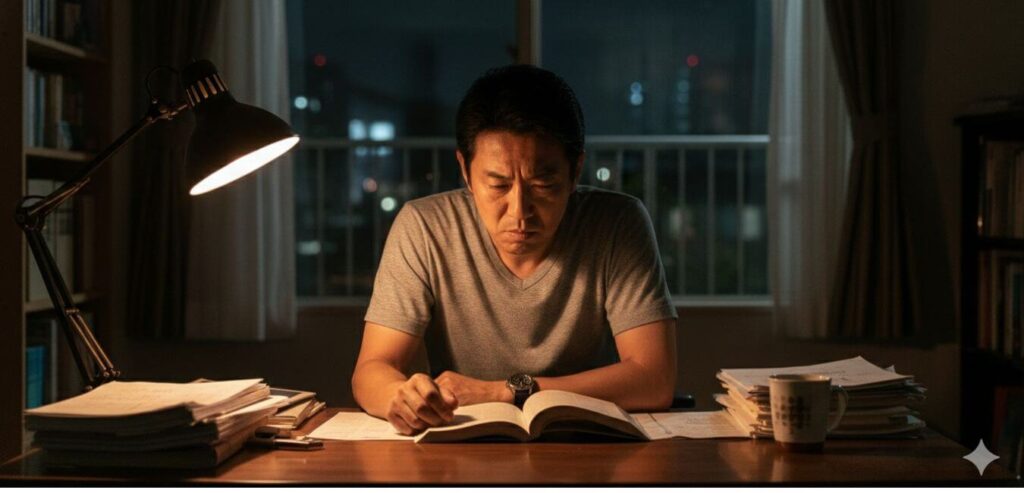 自宅で読書する男性