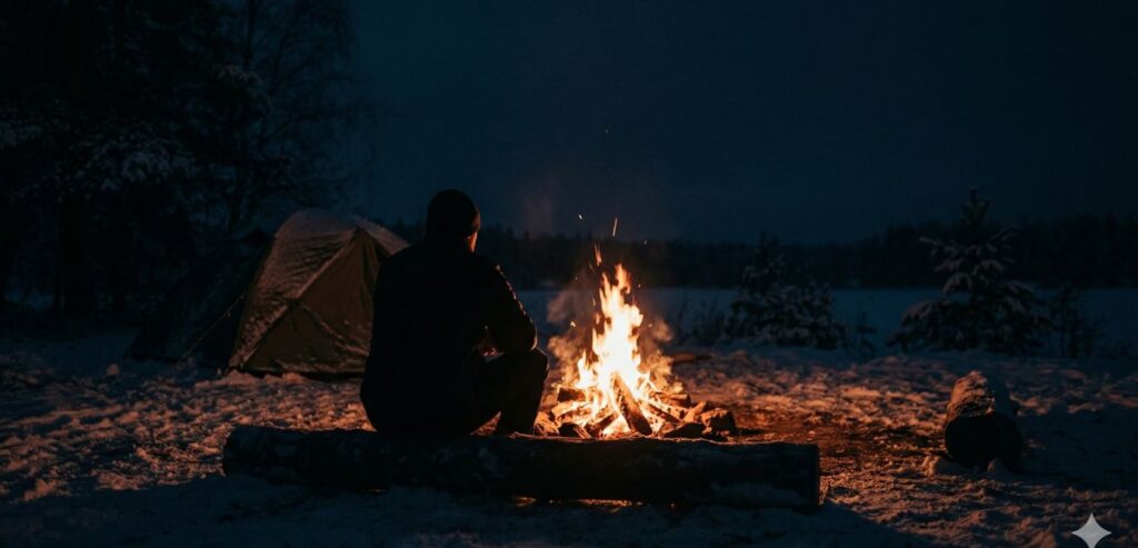 冬の雪景色の中、焚き火の前でくつろぐキャンパーのシルエット