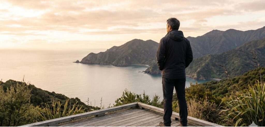 朝の景色を眺める40代男性の後ろ姿。穏やかな前向きさ。
